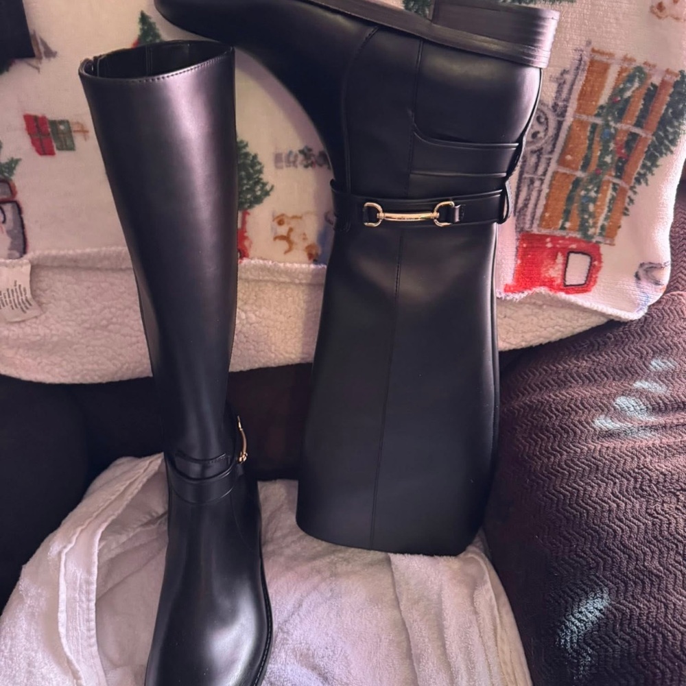 Women's Black Knee-High Riding Boots with Gold Bit Detail